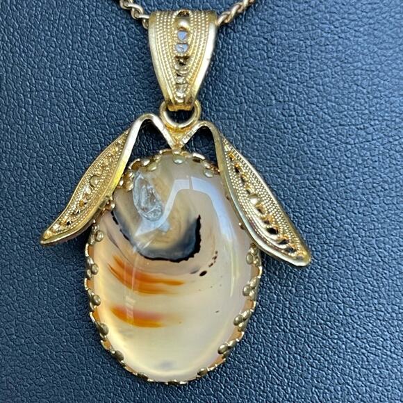 Vintage Montana Agate Pendant Necklace Gold Tone Filigree OOAK Unusual 24”L - Picture 2 of 8